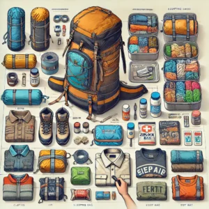 DALL·E 2024 11 19 21.05.11 A detailed and organized illustration of a hiking backpack being packed with items. The scene includes a well organized layout of equipment clothes i